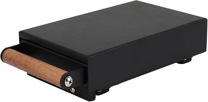 Espresso Knock Box Drawer, Stainless Steel Coffee Grounds Container with Wood Handle, Removable Rubber Knock Bar and Non-Slip Base, Mini 10.07 x 5.51 x 2.63 inch (Black)
