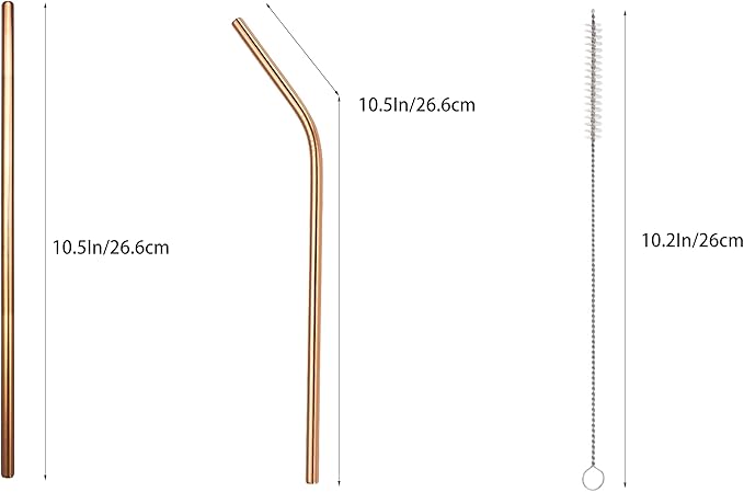 10 Pcs Stainless Steel Straws, Reusable Drinking Straws, 5 Straight + 5 Bent Metal Straws Set With 2 Pcs Cleaning Brushes (Rose Gold, 10.5 Inch)