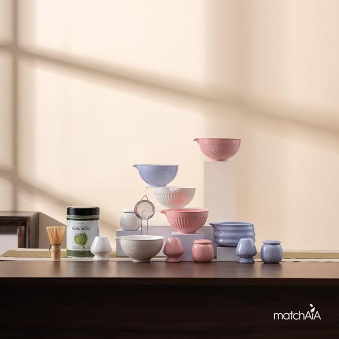 6 Pcs Matcha Set - Ceramic Bowl with Spout, Matcha Whisk with Holder, Tea Powder Canister, Sifter and Spoon, Complete Kit for Traditional Matcha, Modern Lattes, and Tea Ceremonies (Pink)