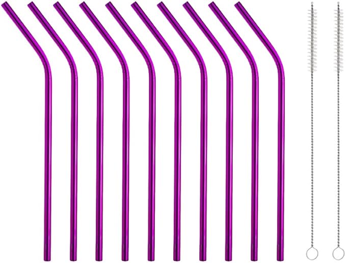 10 Pcs Stainless Steel Straws, Reusable Drinking Straws, Bent Metal Straw Sets with 2 Pcs Cleaning Brushes (Rose Red, 10.5 Inch)