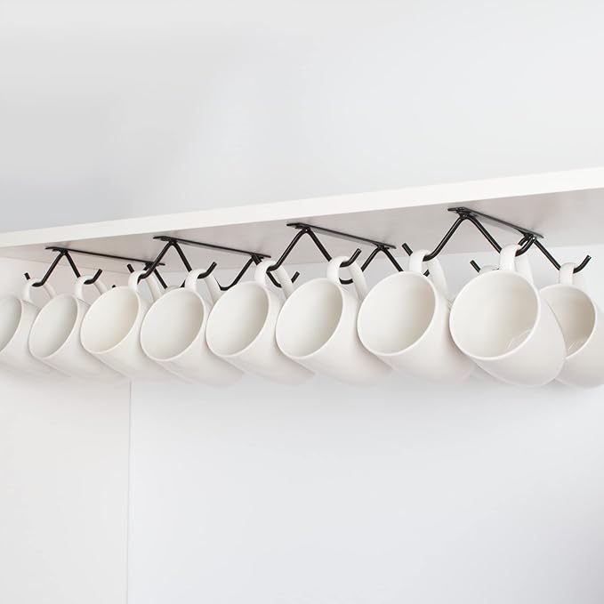 Cabinet Hook Mug Holder - Hanging Coffee Cup Rack for Kitchen, Under Cabinets Metal Hangers Organizer Shelf Storage Utensil (Black)