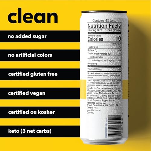Tru Defense Seltzer, Sparkling Water with Vitamin C, Ginger Extract, Cayenne Pepper & Real Pineapple Juice, Sweetened with Monk Fruit & Stevia, Gluten Free, Vegan, Caffeine Free, 12 FL OZ Can, 12 Pack