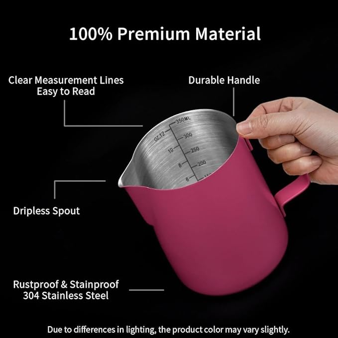 watchget Stainless Steel Milk Frothing Pitcher 12oz/350ml - Espresso Steaming Pitcher for Cappuccino, Latte Art, Coffee Machine Accessories Milk Jug Coffee Frother Cup, Rose Red