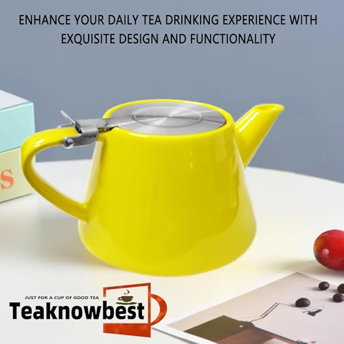 Ceramic teapot, 19oz Tea pot for loose leaf tea, Tea infuser pot with Removable 18/8 Stainless Steel Infuser and teaspoon, Suitable for 1-2 people to brew tea or coffee (yellow)