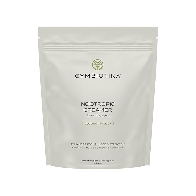 CYMBIOTIKA Nootropic Creamer – MCT Oil, Alpha GPC, L-Theanine – Keto, Vegan, Sugar-Free Coffee Creamer for Focus, Energy & Mental Clarity – Coconut Vanilla Flavor, 30 Servings