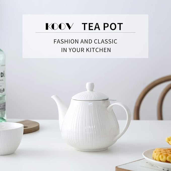 KOOV Ceramic Teapot with Infuser, 40 ounce Tea Pot with Infuser for Loose Tea, Large Enough For 6 Cups, Tea Kettles, Non-Electric (Cream)
