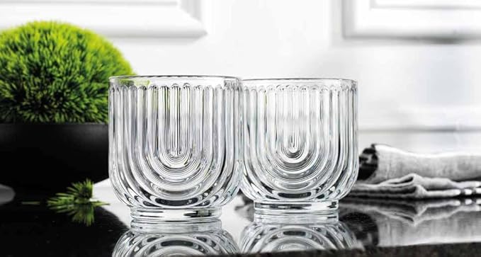 Glaver's Whiskey Glasses 11oz. Set of 4 Old Fashioned Bourbon Glasses. Ribbed Cocktail Arch Design Art Deco Bar Glassware for Whisky, Cocktails, Juice and Chilled Beverages.