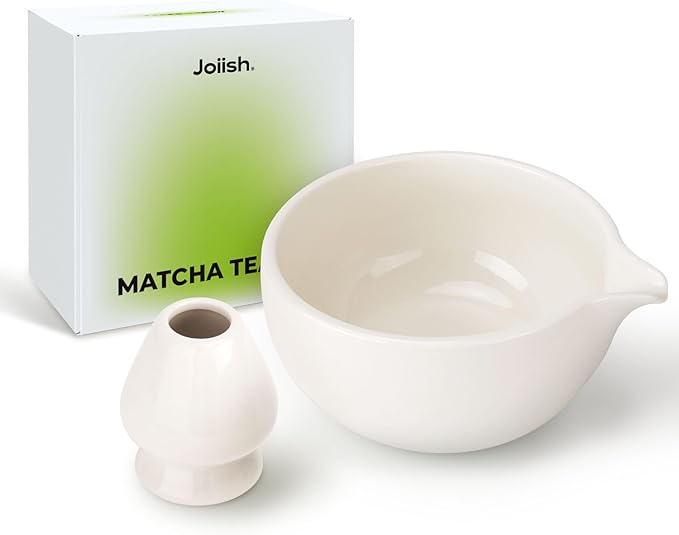 Matcha Bowl and Whisk Holder Set, Ceramic Tea Bowl and Whisk Stand, Matcha Tea Mixing Bowl with Spout (18 Ounce), Whisk Rest, Ivory White