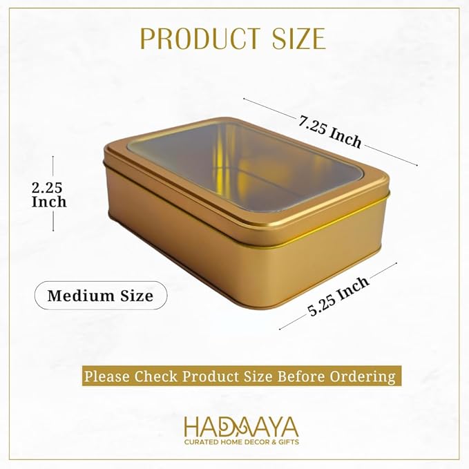 Gold Metal Tin Box With Clear Lid – Multipurpose Tin Storage Container for Cookies,Jewelry, Crafts, Pills, Gifts, Pencils and More - 7.25 x 5.25 x 2.25 Inches
