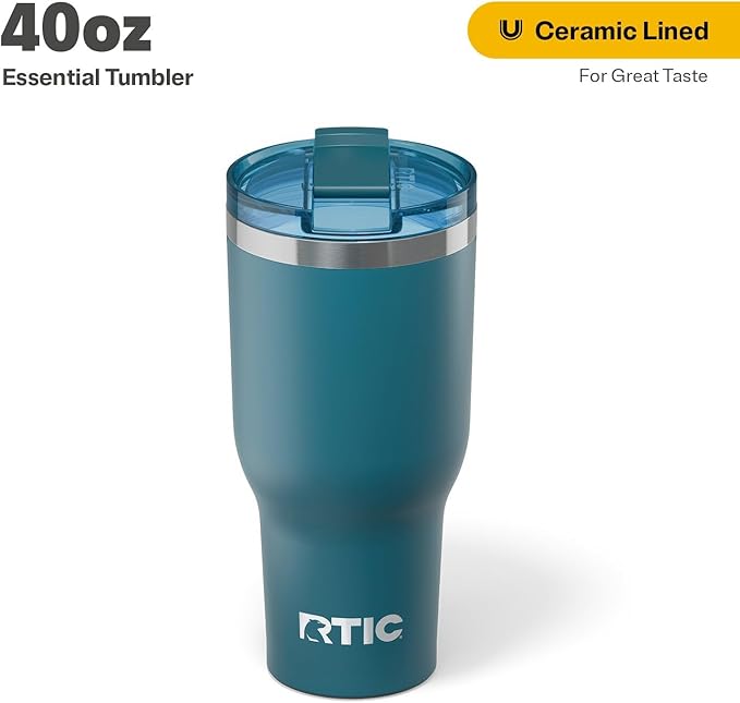 RTIC 40oz Essential Tumbler with Lid, Insulated, Stainless Steel, Metal, Double Wall Vacuum-Insulation, Ceramic Lined, Travel Cup for Iced Coffee, Tea, Hot and Cold Drink, Marine