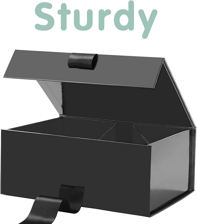 HAPPY POTATO 5 Gift Boxes with Ribbon 9x6.5x3.8 Inches, Black Gift Boxes with Lids, Collapsible Gift Boxes, Magnetic Closure Gift Boxes for all occasion (Glossy Black, Pack of 5)