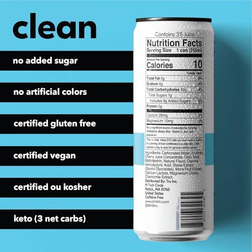Tru Dream Seltzer, Cherry Berry, Sparkling Water with Chamomile, GABA, Magnesium & Tart Cherry Juice, Sweetened with Monk Fruit & Stevia, Gluten Free, Vegan, Caffeine Free, 12 FL OZ Cans, 12 Pack