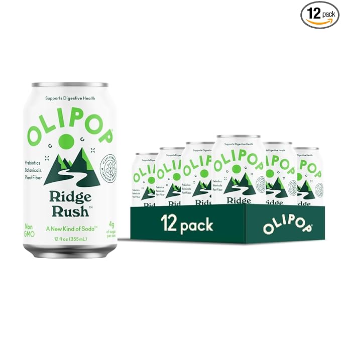 OLIPOP Prebiotic Soda Pop, Ridge Rush, Pantry Pack Packed with Prebiotics, Fiber, and Botanicals, Gluten Free, Vegan, GMO Free, 12oz (12-Cans)