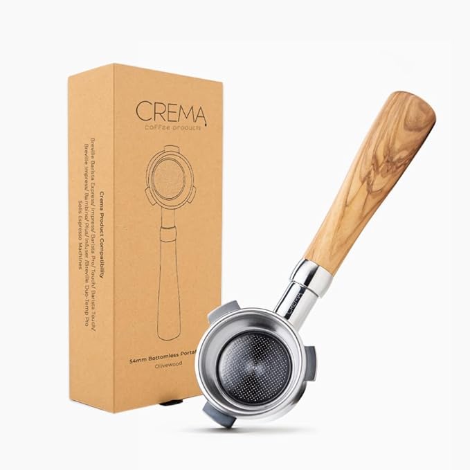 Crema Coffee Products 54mm Bottomless Naked Portafilter | Compatible with 54mm Breville Machines | Includes Double Shot Filter Basket | Olivewood