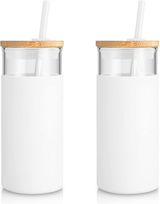Tronco 20 oz Glass Tumbler With Lids and Straws, Glass Water Bottle Silicone Protective Sleeve, Iced Coffee Cup With Bamboo Lid, Reusable Smoothie Cup, BPA Free (White 2 Count)