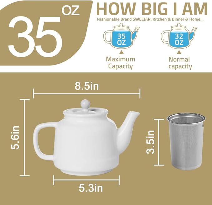 Sweejar 35 oz Porcelain Tea Pot, Teapot with Removable 18/8 Stainless Steel Infuser, Microwave & Dishwasher Safe Tea Maker, Tea Infuser Pots for Blooming loose Leaf Tea,Women Chrismas Women Gift (Red)