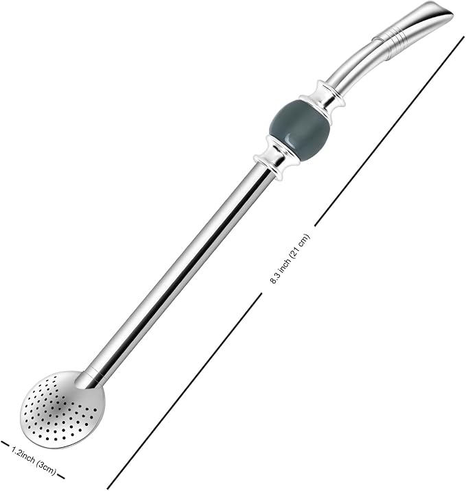 Reusable Bombilla Yerba Mate Straw - Stainless Steel Removable Spoon Style Filter with a Beautiful Bead - Metal Straw for Drinking Loose Leaf Tea - Includes Cleaning Brush(Light Grey)
