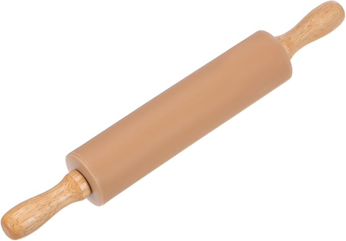 HARFINGTON Silicone Rolling Pins for Baking 12.2 Inch Non-Stick Silicone Surface Wooden Handle Rolling Pin Small Roller Playdough Rolling Pins for Fondant Kitchen Dough Pizza, Brown