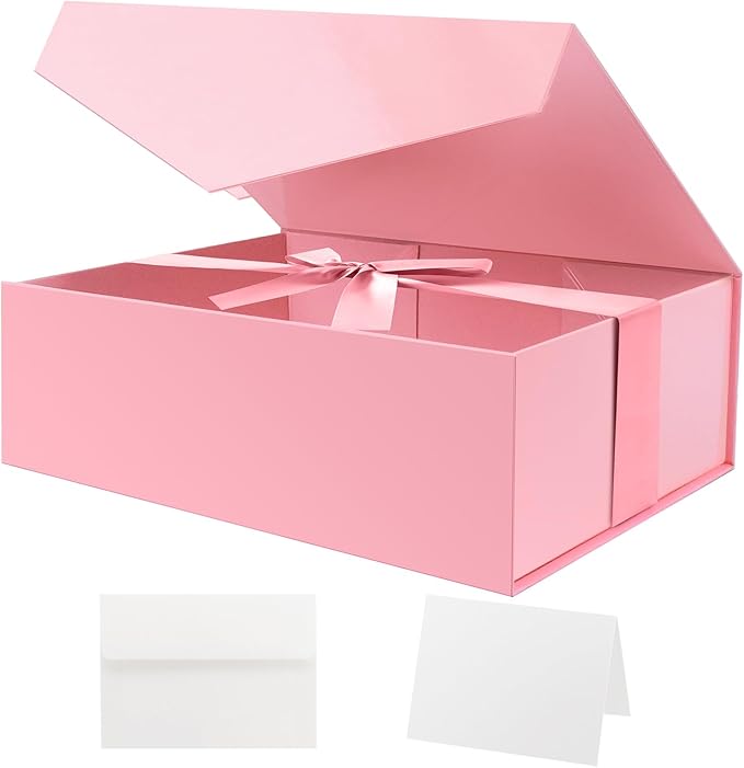 HAPPY POTATO Large Gift Box with Lid and Ribbon 11.5x8.1x3.8 Inches, Bridesmaid Proposal Box, Magnetic Pink Gift Box for Presents (Glossy Pink)