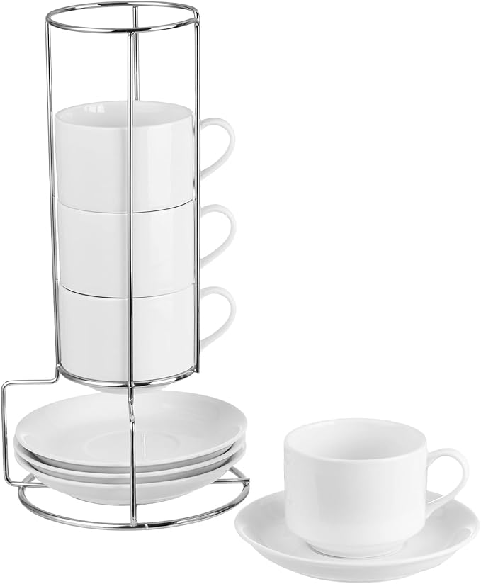 8 Ounce Porcelain Cappuccino Cups with Saucers and Silver Stand, White Cups Set of 4
