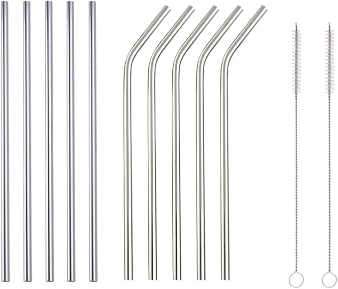 10 Pcs Stainless Steel Straws, Reusable Drinking Straws, 5 Straight + 5 Bent Metal Straws Set With 2 Pcs Cleaning Brushes (Silver, 8.5 Inch)
