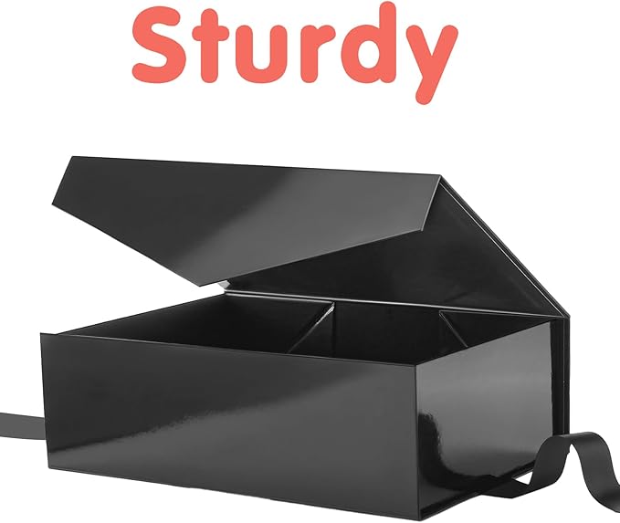 HAPPY POTATO 5 Large Gift Boxes with Ribbon 11.5x8.1x3.8 Inches, Black Boxes with Lids, Groomsmen Proposal Boxes, Magnetic Gift Boxes for Presents (Glossy Black, Pack of 5)