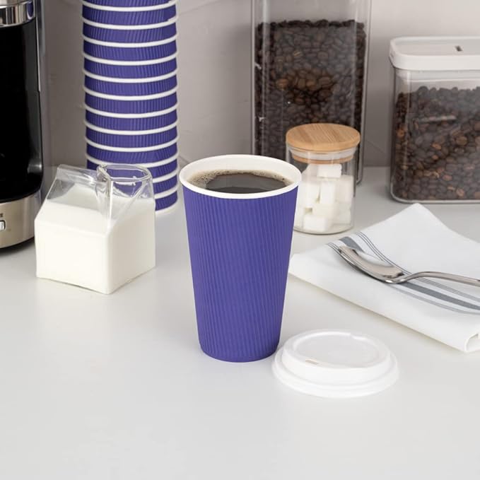 Restaurantware 16 Ounce Ripple Wall Disposable Coffee Cups, 500 Insulated Royal Purple Paper Tumblers with Rolled Rim Design, Lids Sold Separately for Hot Drinks like Tea and More