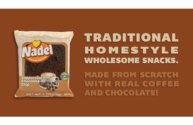 Nadel - Naturally Delicious Cappuccino Chocolate Chip bread, Lunch snack breakfast bars coffee cake, Natural fresh brand mocha chocolate cake 8 pack