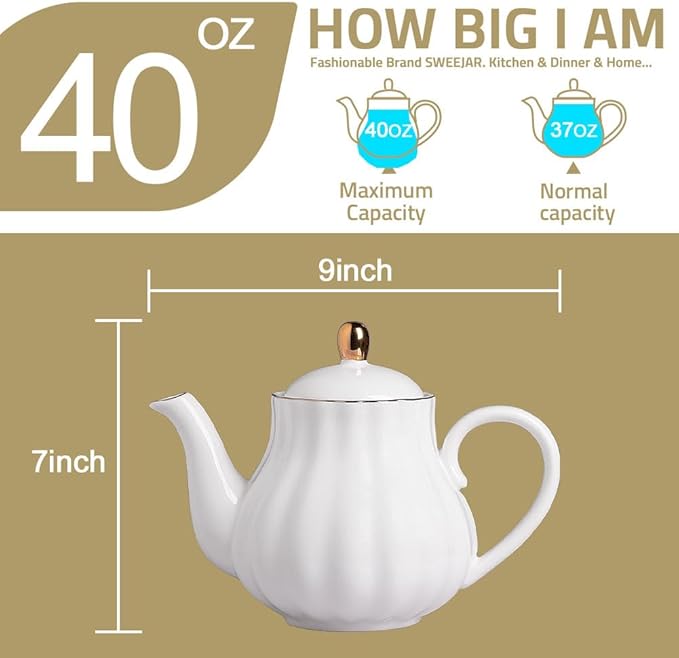Sweejar Royal Teapot, Ceramic Tea Pot with Removable Stainless Steel Infuser, Blooming & Loose Leaf Teapot - 40 Ounce (Pink)