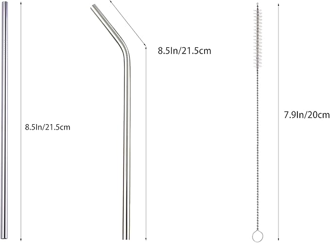 10 Pcs Stainless Steel Straws, Reusable Drinking Straws, 5 Straight + 5 Bent Metal Straws Set With 2 Pcs Cleaning Brushes (Silver, 8.5 Inch)