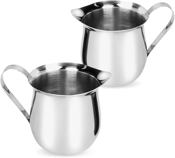 Rolin Roly 2Pcs Milk Frothing Pitcher Stainless Steel 60ml Small Bell-Shaped Creamer Mini Coffee Jug for Barista Cappuccino Espresso Cups Latte Art Pitcher