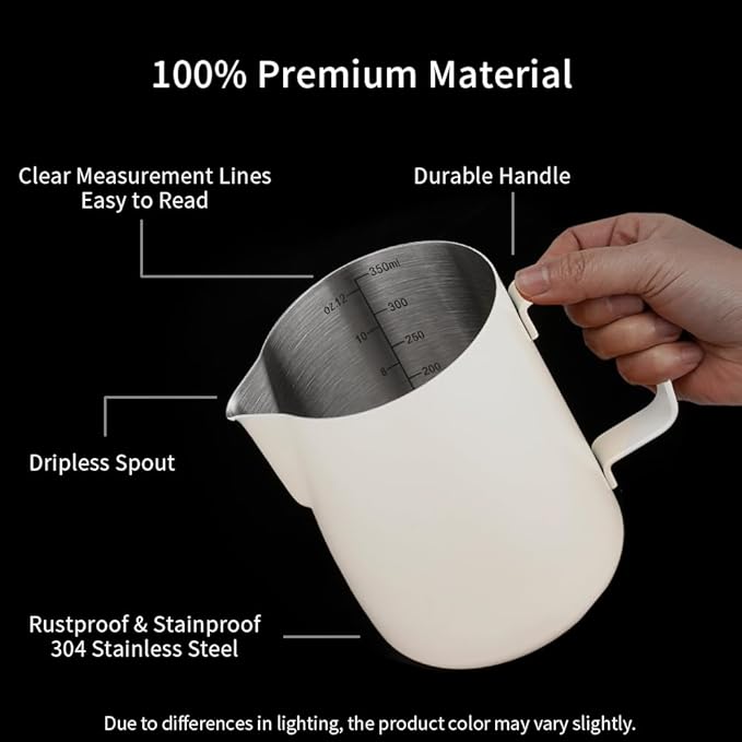 watchget Stainless Steel Milk Frothing Pitcher 12oz/350ml - Espresso Steaming Pitcher for Cappuccino, Latte Art, Coffee Machine Accessories Milk Jug Coffee Frother Cup, Creamy White