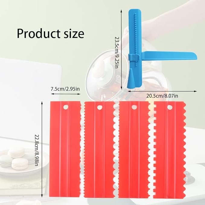 Adjustable Cake Scraper Smoother Tool,Cake Scraper Set,Double Sided Patterned Edge Smoothe Plastic Sawtooth Comb,Bench Scraper For Cake Decorating,Baking,cream Icing Smoother(4+1Pack)(Red,Blue)