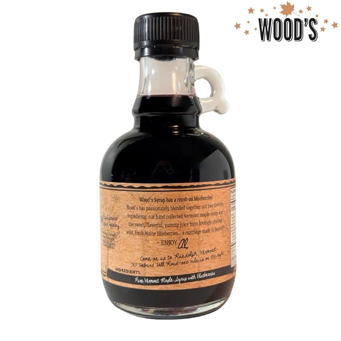 WOOD'S Blueberry Crush Maple Syrup – Small-Batch Vermont Maple Syrup Infused with Real Blueberry Flavor | All-Natural, Vegan Sweetener for Pancakes, Desserts, Cocktails & Baking | 8.45 Fl Oz (250mL)