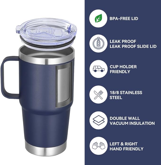 VEGOND 20 oz Tumbler Bulk with Handle Lid and Straw, Stainless Steel Insulated Travel Coffee Mug Set, Spill Proof Double Wall Metal Tumblers Cups, Powder Color Navy Blue 12 Pack