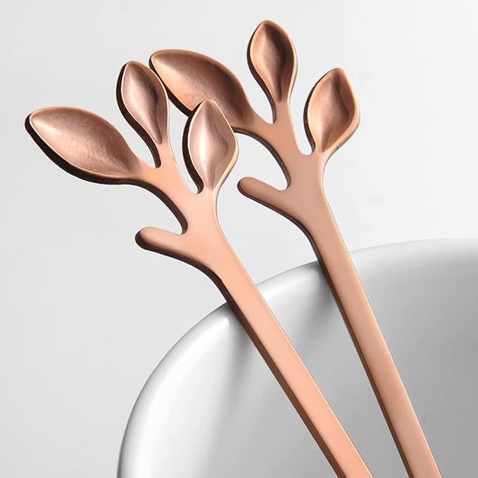 AnSaw 6-Piece Elegant Rose Gold Leaf Long Handle Teaspoons - 7.4" Stainless Steel Stir Spoons for Coffee & Tea, Perfect for Mixing & Stirring