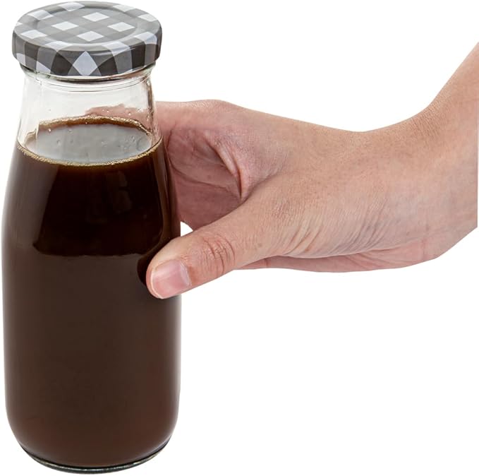 Restaurantware French Countryside 11 Ounce Glass Bottles 10 Durable Juice Bottles - With Black Plaid Lid Dishwashable Clear Glass Countryside Bottles For Hot And Cold Beverages