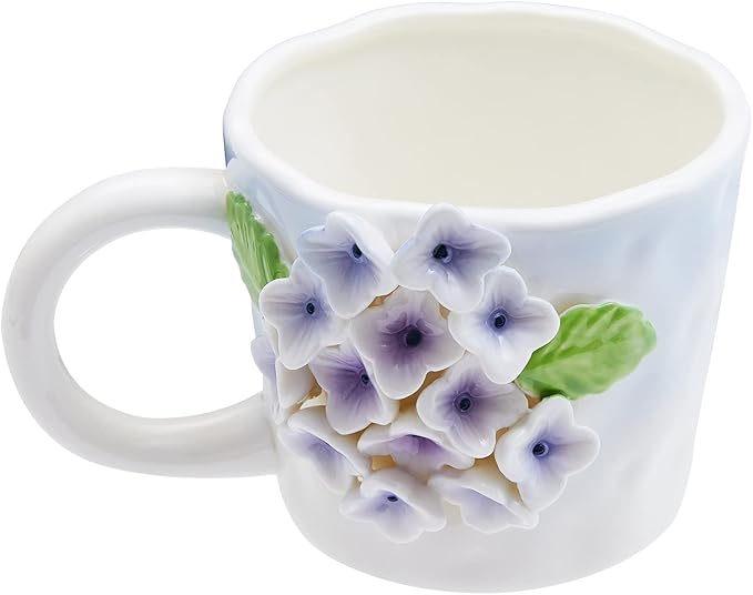 3D Flower Coffee Mug Blue Hydrangea Ceramic Cup,12 oz Cute Handmade Mugs,Christmas Birthday Surprise for Friends Family or Flower Lovers (Blue hydrangea)