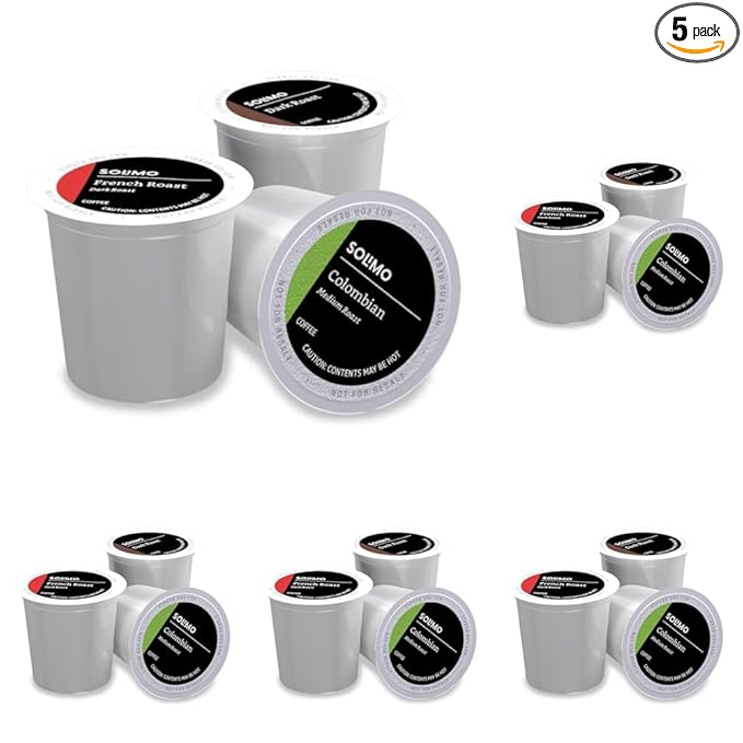 Amazon Brand - Solimo Coffee Pods, Assorted pack (French, Dark, Colombian), Compatible with Keurig 2.0 K-Cup Brewers, 100 Count (Pack of 5)