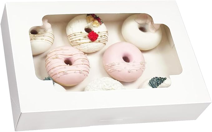 qiqee Auto-pop up 12x8x2.5 inch White Cookie Box with Window 15 Packs Two Uses One Second Folding Pastry Biscuit Bakery Box for Packaging