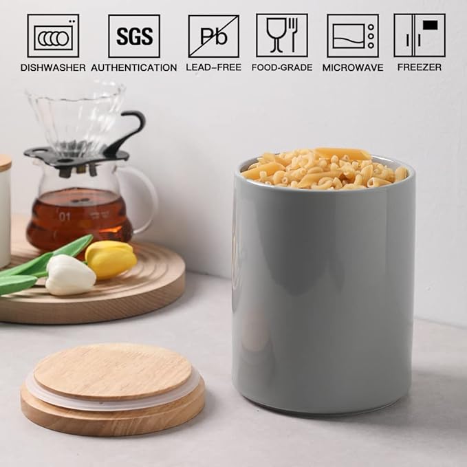 Sweejar Kitchen Canisters Ceramic Food Storage Jar, Stackable Containers with Airtight Seal Wooden Lid for Serving Coffee Bean, Flour, Tea, Cookies and More - 73 Fl Oz(Gray)