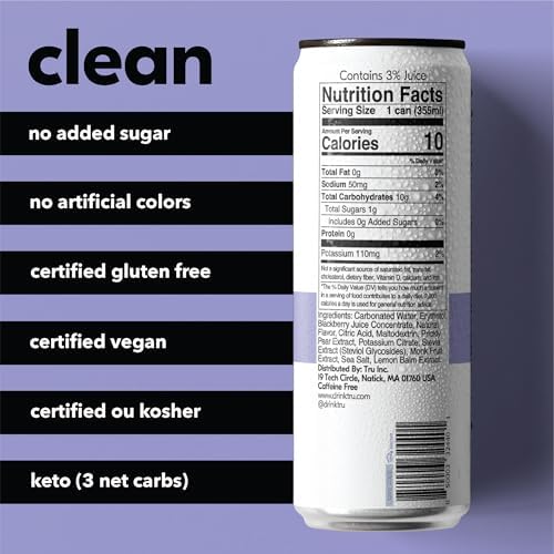Tru Refresh Seltzer, Sparkling Water with Electrolytes, Prickly Pear, Lemon Balm & Real Blackberry Juice, Sweetened with Monk Fruit & Stevia, Gluten Free, Vegan, Caffeine Free, 12 FL OZ Cans, 12 Pack