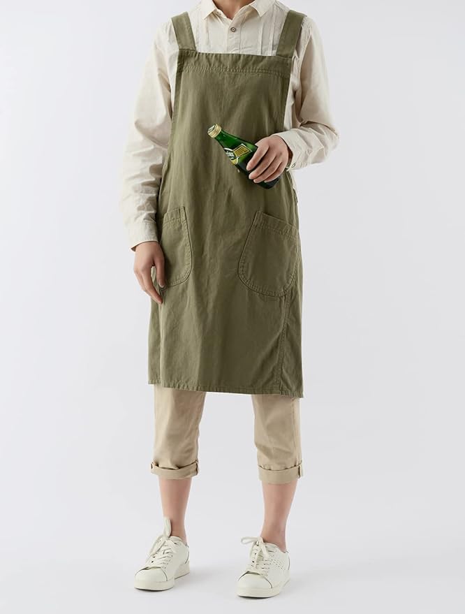 Soft Cotton Linen Apron for Women - Non-tie Cross Back Apron with Pockets, Great for Florist and Kitchen