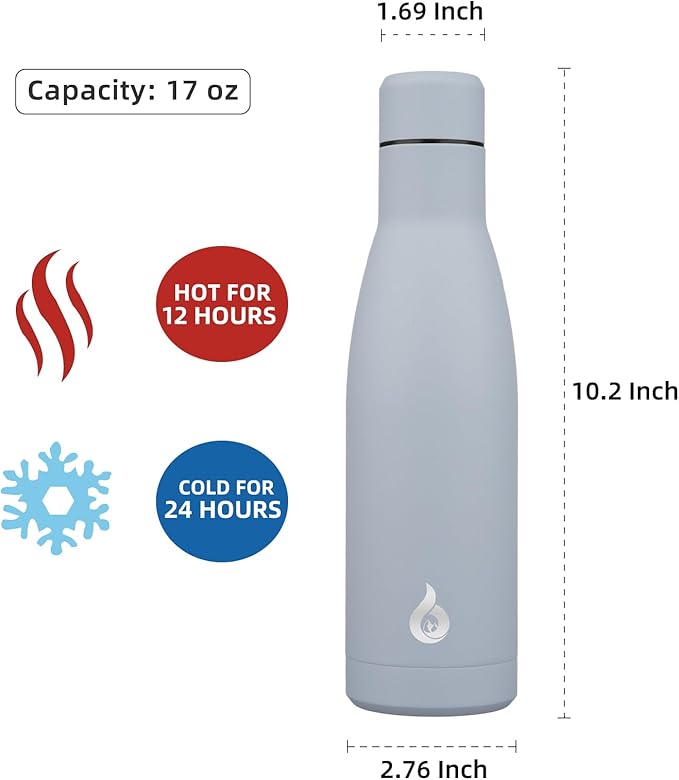 BJPKPK Insulated Water Bottle 17oz Stainless Steel Water Bottles Dishwasher Safe Metal Thermos Keep Cold and Hot,Mist Grey