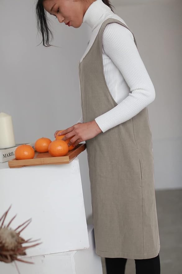 Cotton Linen Japanese Apron Halter Cross Back Bandage X Shape Aprons Two Pockets