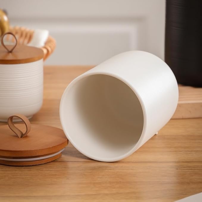 Food Storage Jar Strong Ceramic Storage Canisters with Airtight Wooden Lid,Kitchen Storage Containers for Serving Coffee Beans, Tea, Sugar, Salt, Spices (Big white)