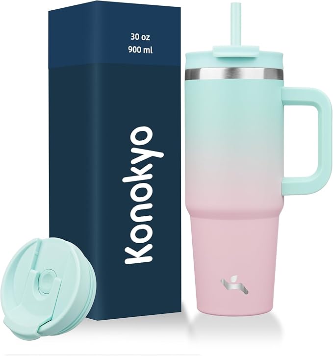 30 oz Tumbler with Handle and 2 Straws,2 in 1 Lid Insulated Water Bottle Stainless Steel Travel Coffee Mug,Gum