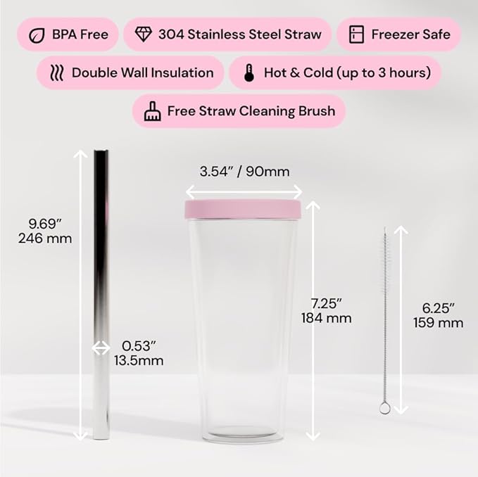 Dodoko Reusable Boba Cup and Straw Boba Tea Cup Bubble Tea Cup Reusable Iced Coffee Cup Cold Coffee Cup Smoothie Cup with Lid and Straw Smoothie Cup to go Smoothie Tumbler 17 oz - Bubble Pink