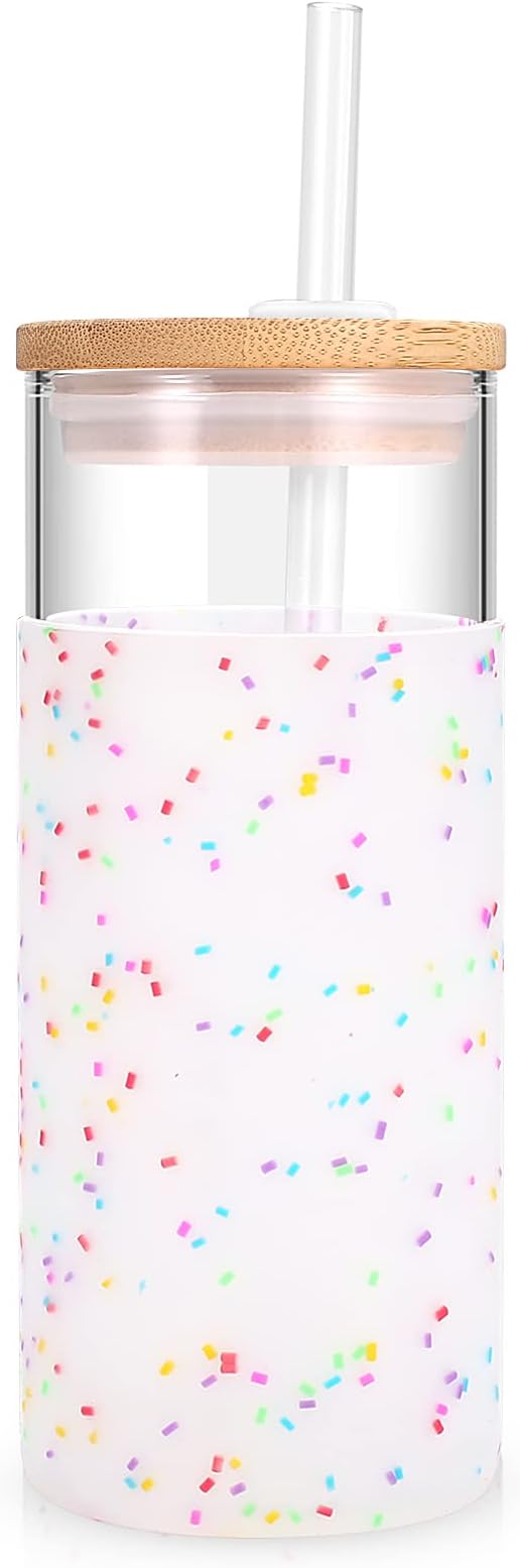 Tronco 20 oz Glass Tumbler Glass Water Bottle Straw Silicone Protective Sleeve Bamboo Lid - BPA Free (Colorful spots/ 1pack)