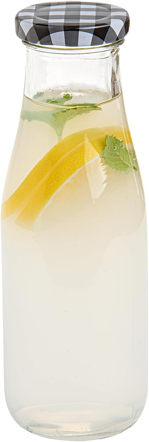 Restaurantware French Countryside 15 Ounce Glass Bottles 10 Durable Juice Bottles - With Black Plaid Lid Dishwashable Clear Glass Countryside Bottles For Hot And Cold Beverages